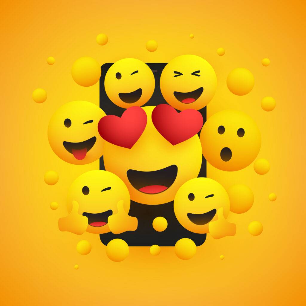 Green Stick Marketing Various Smiling Happy Yellow Emoticons Design, Group of Funny People in Front of a Smartphone Screen, Vector Concept Illustration