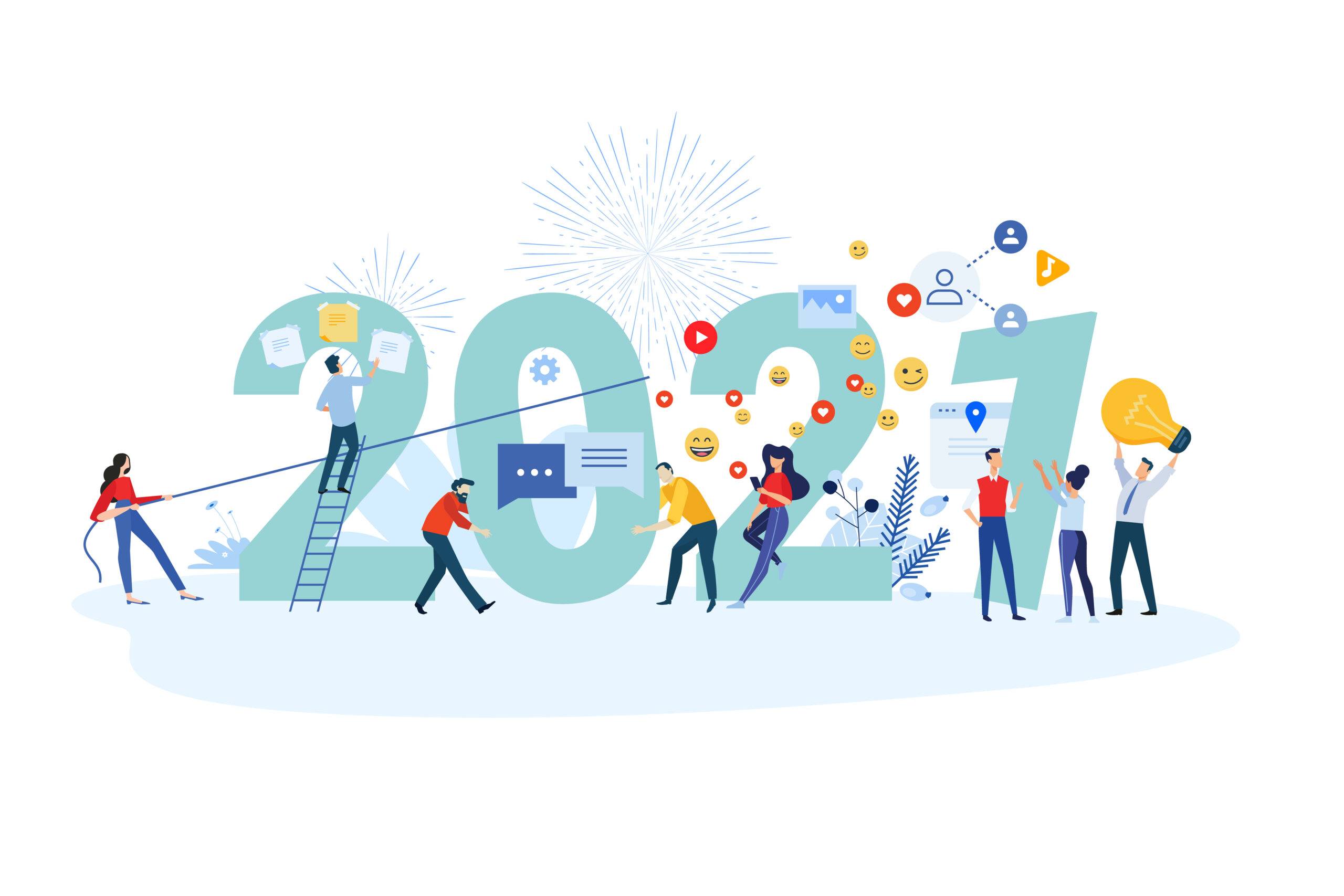 Green Stick Marketing, INC How To Get Your Business To Bounce Back In 2021 New Year 2021. Vector illustration concept for greeting card, website and mobile website banner, background, business presentation, social media banner, marketing material.